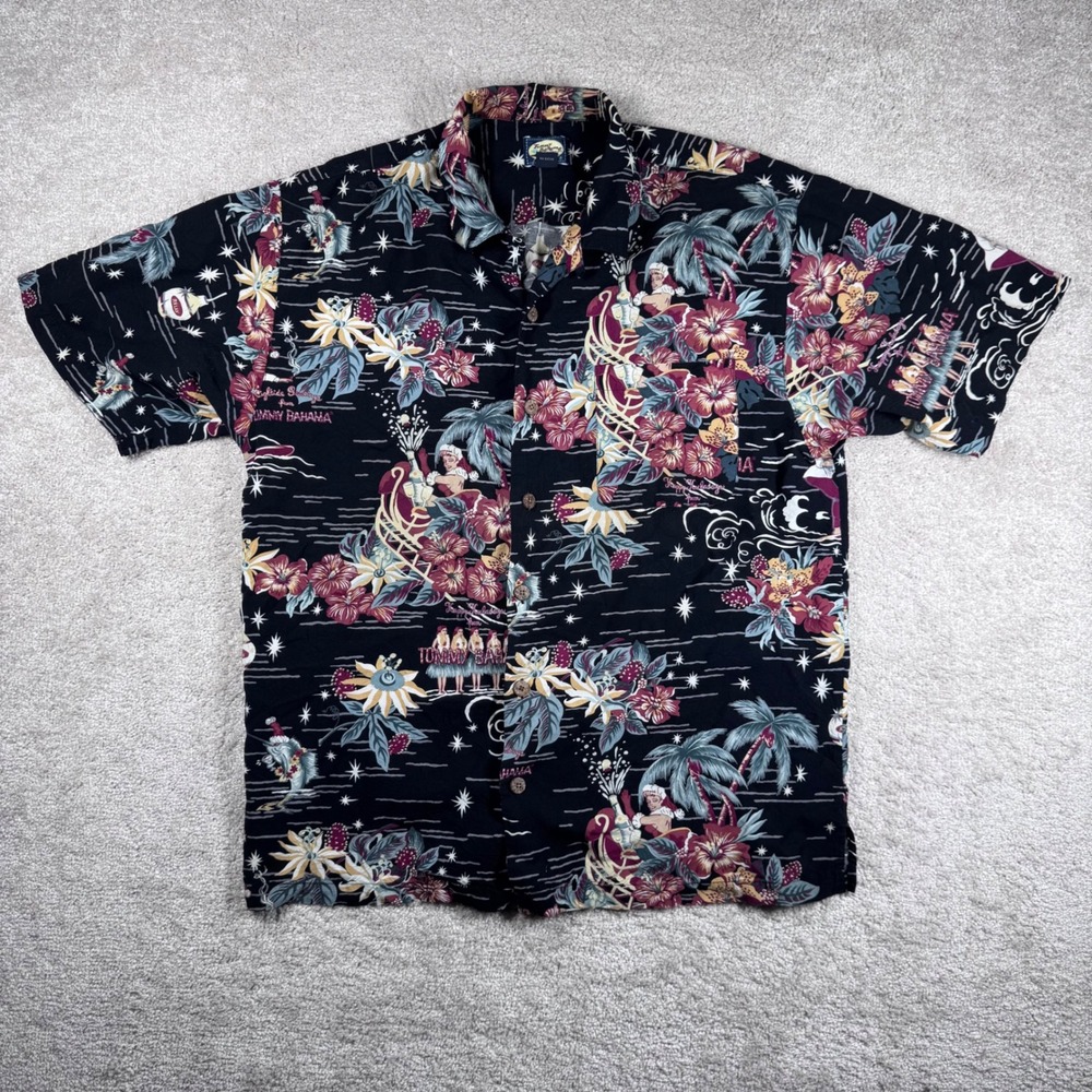 Tommy Bahama Mens Christmas Hawaiian Shirt L Navy Rayon Hightide Greetings Print